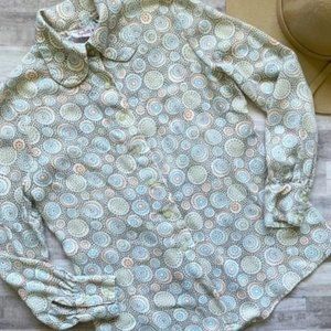 Vintage 60s 70s Geometric Circle Tile Print Long Sleeve Button Up Blouse XS/S